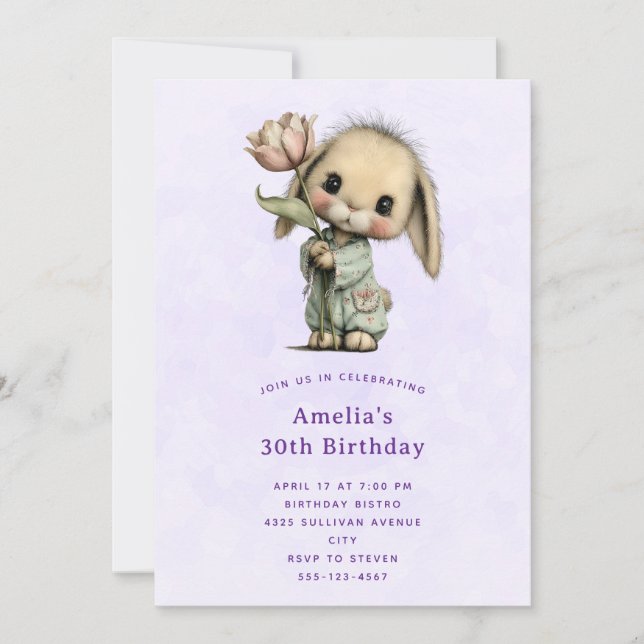 Cute Bunny Holding a Tulip Birthday Invitation (Front)
