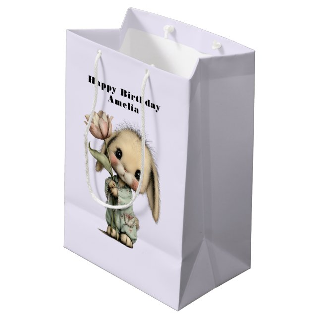 Cute Bunny Holding a Tulip Birthday Medium Gift Bag (Back Angled)