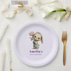 Cute Bunny Holding a Tulip Birthday Paper Plate