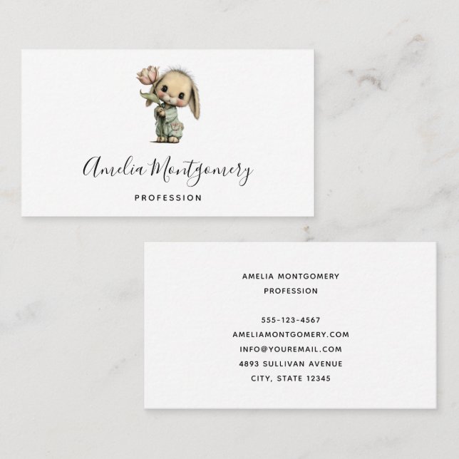 Cute Bunny Holding a Tulip Business Card (Front/Back)