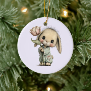 Cute Bunny Holding a Tulip Ceramic Tree Decoration
