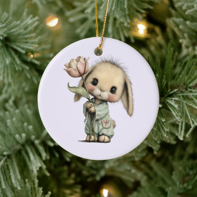 Cute Bunny Holding a Tulip Ceramic Tree Decoration (Tree)