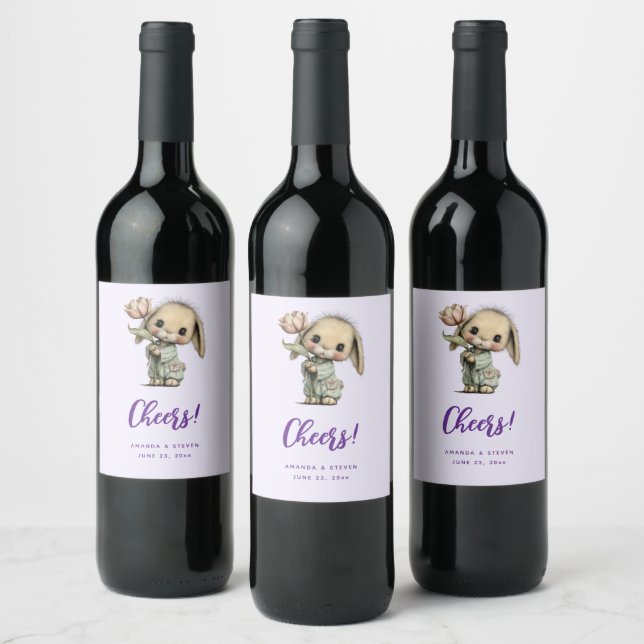 Cute Bunny Holding a Tulip Cheers Wine Label (Bottles)