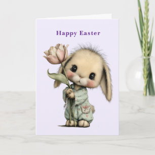 Cute Bunny Holding a Tulip Easter Holiday Card