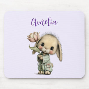 Cute Bunny Holding a Tulip Mouse Mat