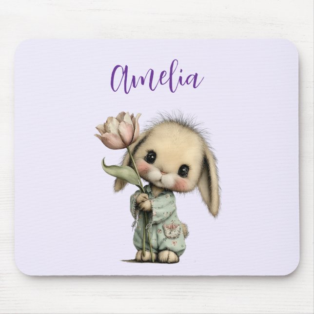 Cute Bunny Holding a Tulip Mouse Mat (Front)