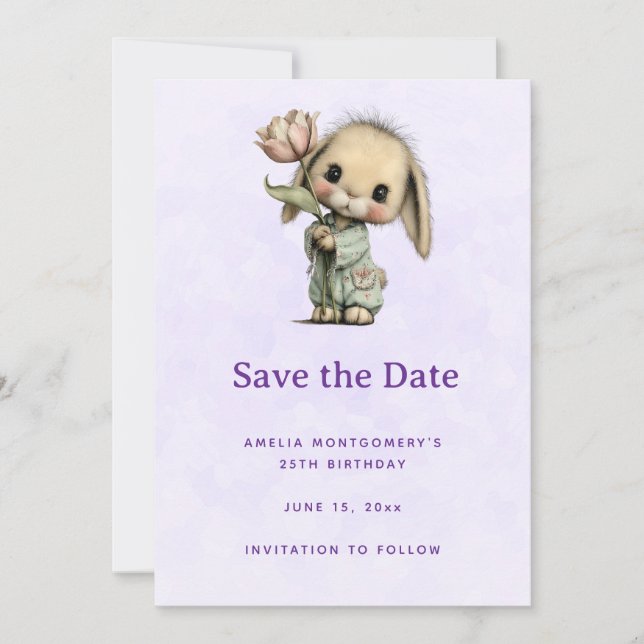 Cute Bunny Holding a Tulip Save The Date (Front)