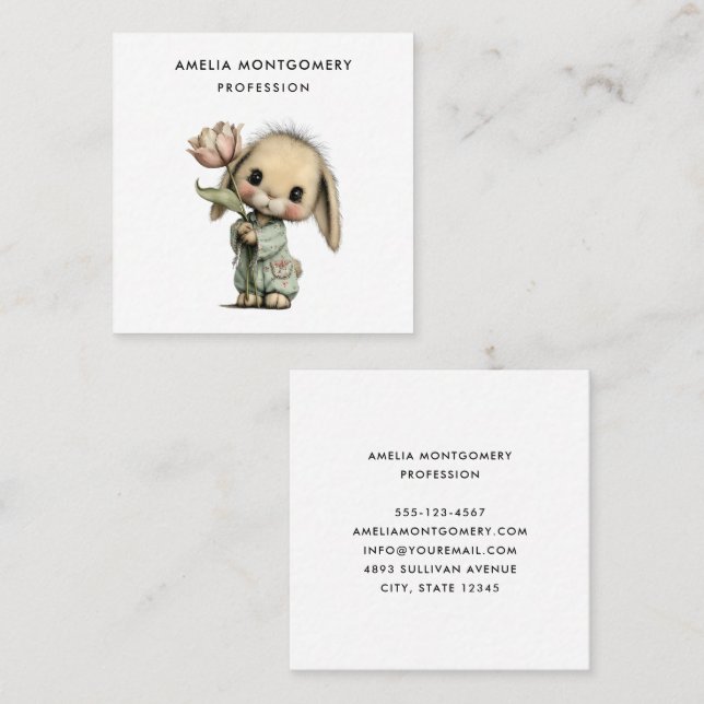 Cute Bunny Holding a Tulip Square Business Card (Front/Back)
