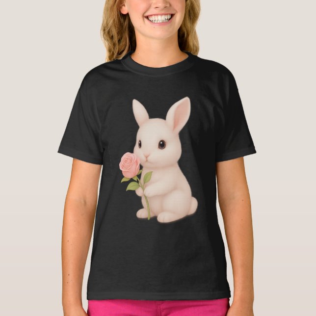 Cute Bunny Holding Flower Girls' T-Shirt  (Front)