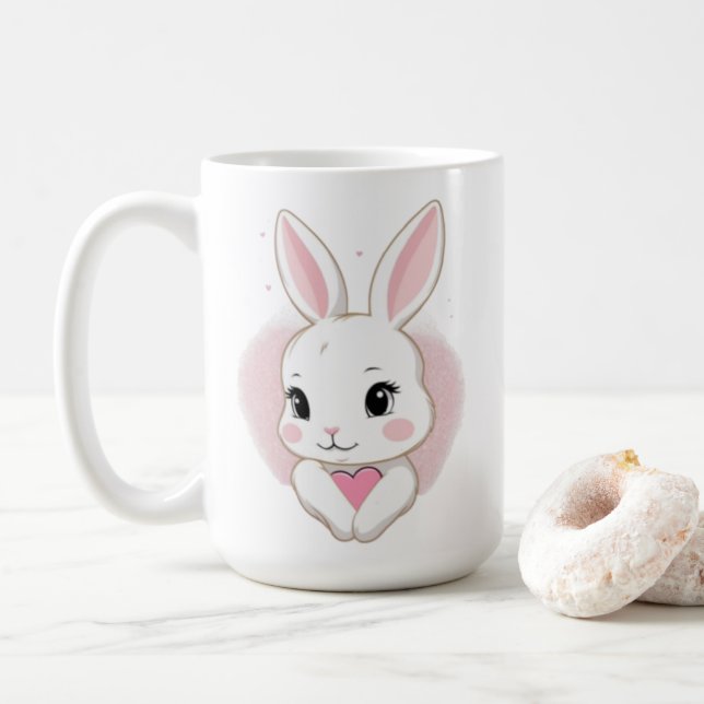 Cute Bunny Holding Heart | Romantic Design Coffee Mug (With Donut)