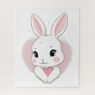 Cute Bunny Holding Heart   Romantic Design Jigsaw Puzzle