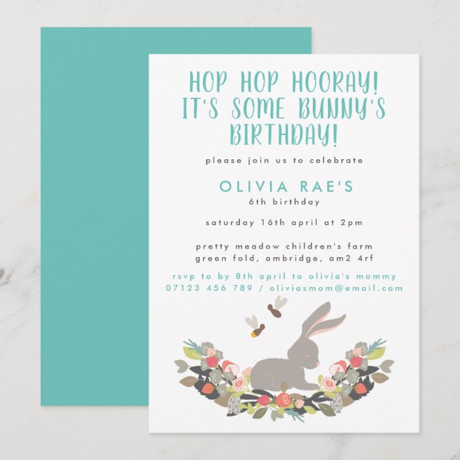Cute Bunny Hop Hop Hooray Kids Birthday Invitation (Front/Back)