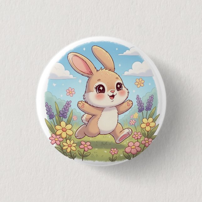 Cute Bunny Hopping in a Flower Field 3 Cm Round Badge (Front)