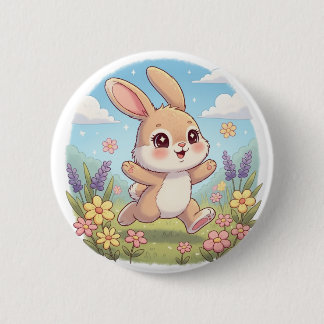 Cute Bunny Hopping in a Flower Field 6 Cm Round Badge