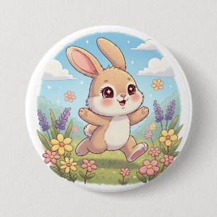 Cute Bunny Hopping in a Flower Field 7.5 Cm Round Badge