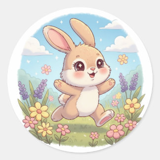 Cute Bunny Hopping in a Flower Field Classic Round Sticker