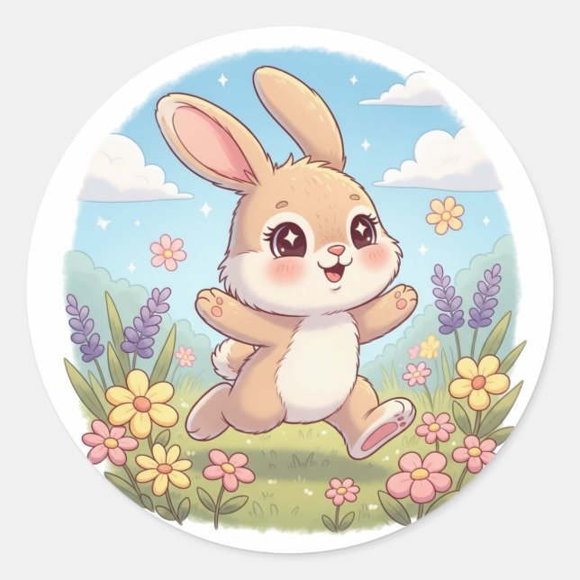 Cute Bunny Hopping in a Flower Field Classic Round Sticker (Front)