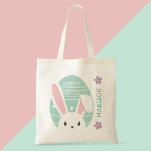 Cute Bunny Hoppy Easter egg hunt Personalised Name Tote Bag