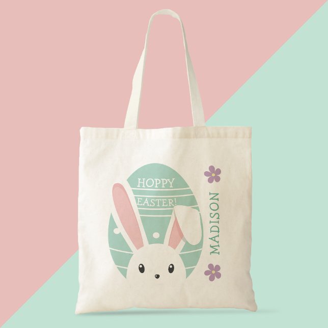 Cute Bunny Hoppy Easter egg hunt Personalised Name Tote Bag (Creator Uploaded)