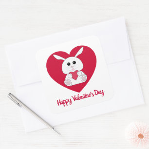 Cute bunny Hoppy Valentine day red Heart Square Sticker