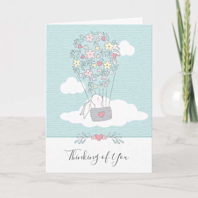Cute Bunny Hot Air Balloon Thinking of You Card (Front)