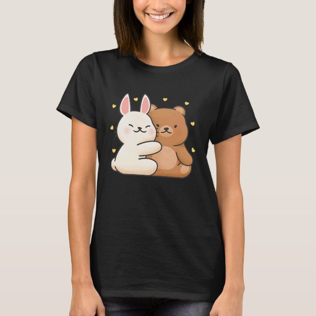 Cute Bunny Hug Bear Bunny and Bear They Share Love T-Shirt (Front)