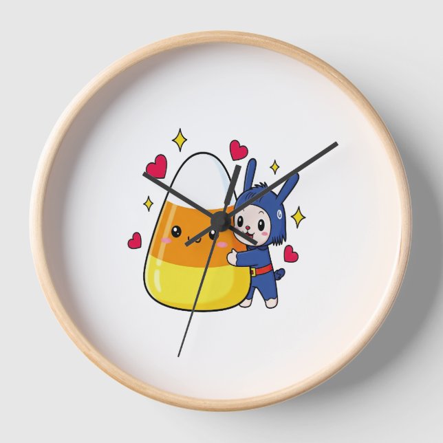 Cute Bunny Hugging Candy Corn Clock (Front)