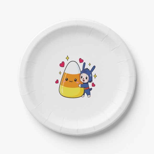 Cute Bunny Hugging Candy Corn Paper Plate (Front)
