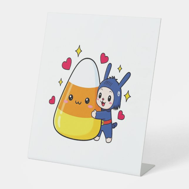 Cute Bunny Hugging Candy Corn Pedestal Sign (Front)