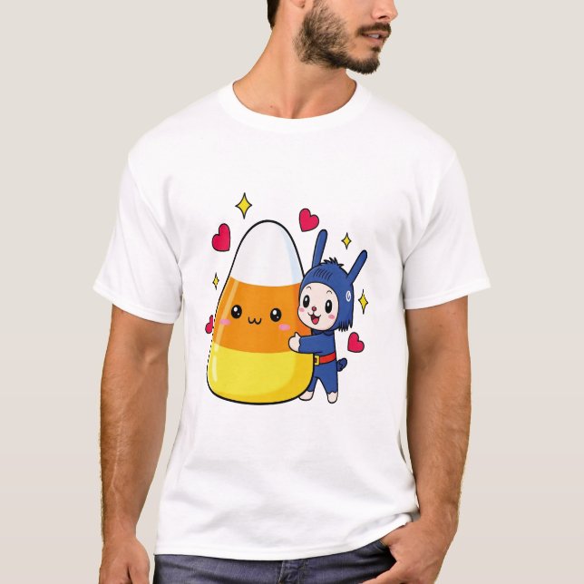 Cute Bunny Hugging Candy Corn T-Shirt (Front)