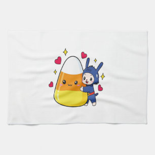 Cute Bunny Hugging Candy Corn Tea Towel