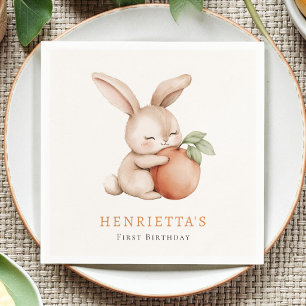 Cute Bunny Hugging Peach First Birthday Girl Paper Napkin
