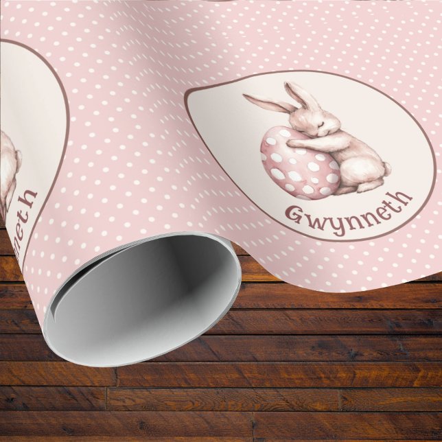 Cute Bunny Hugging Polka Dot Egg Monogram Wrapping Paper (Creator Uploaded)
