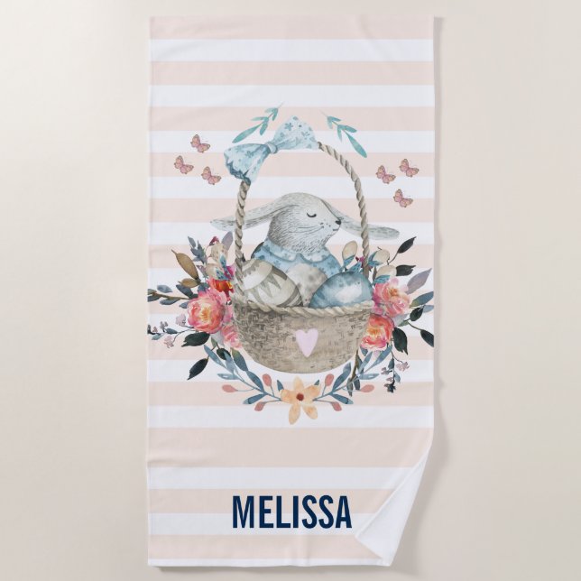Cute Bunny in a basket with Eggs & Pretty Flowers Beach Towel (Front)