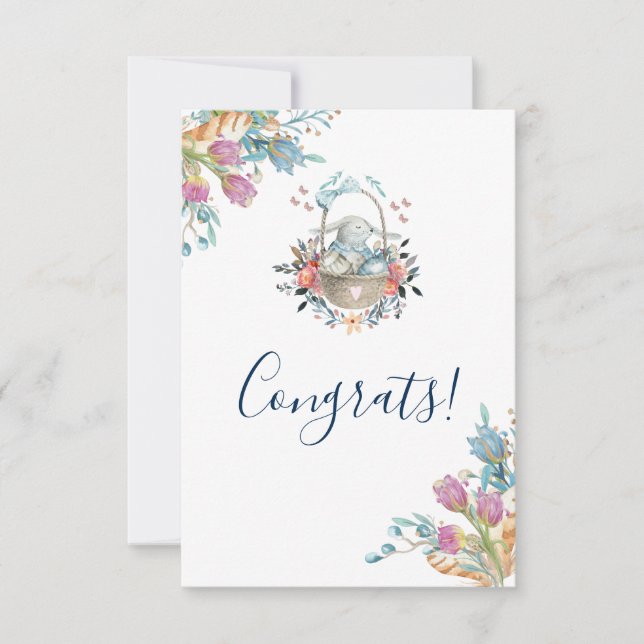 Cute Bunny in a basket with Eggs & Pretty Flowers Card (Front)