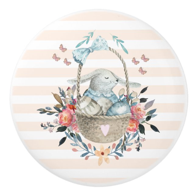 Cute Bunny in a basket with Eggs & Pretty Flowers Ceramic Knob (Front)