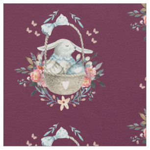 Cute Bunny in a basket with Eggs & Pretty Flowers Fabric