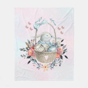 Cute Bunny in a basket with Eggs & Pretty Flowers Fleece Blanket