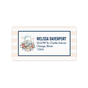 Cute Bunny in a basket with Eggs & Pretty Flowers Label