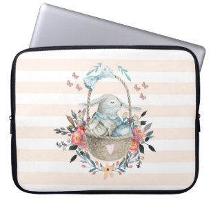 Cute Bunny in a basket with Eggs & Pretty Flowers Laptop Sleeve