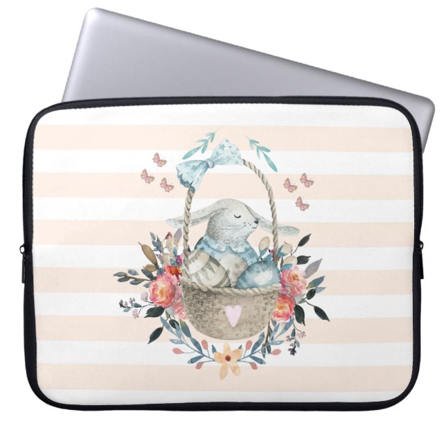 Cute Bunny in a basket with Eggs & Pretty Flowers Laptop Sleeve (Front)