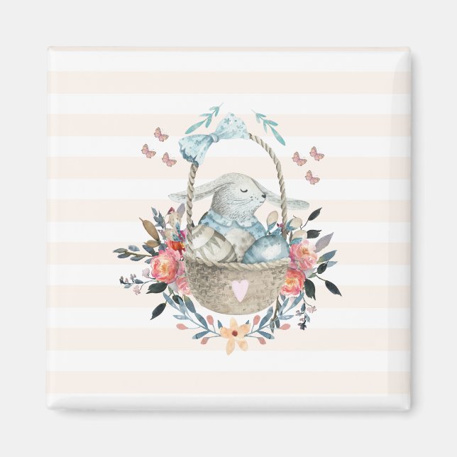 Cute Bunny in a basket with Eggs & Pretty Flowers Magnet (Front)