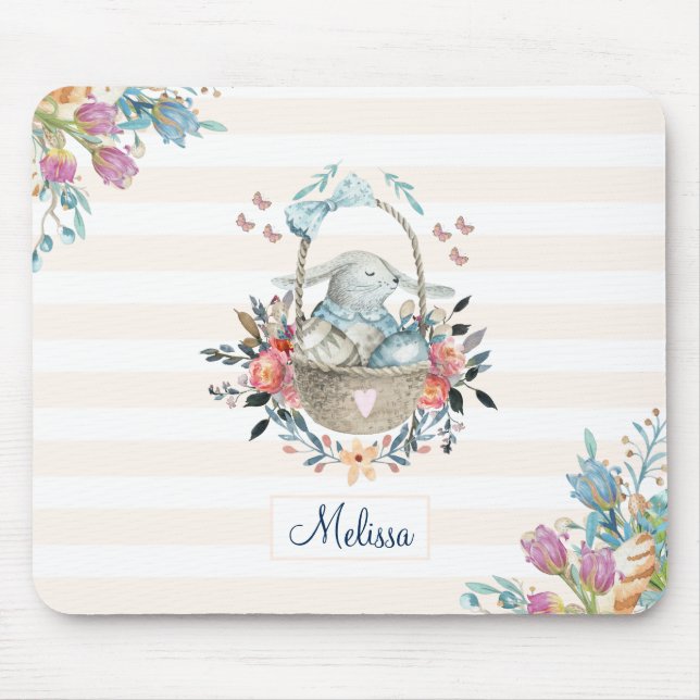 Cute Bunny in a basket with Eggs & Pretty Flowers Mouse Mat (Front)