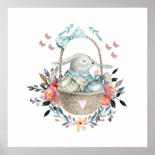 Cute Bunny in a basket with Eggs & Pretty Flowers Poster