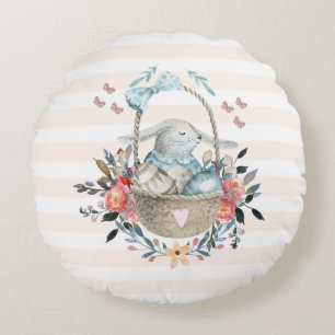 Cute Bunny in a basket with Eggs & Pretty Flowers Round Cushion