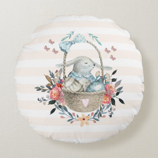 Cute Bunny in a basket with Eggs & Pretty Flowers Round Cushion (Front)