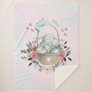 Cute Bunny in a basket with Eggs & Pretty Flowers Sherpa Blanket