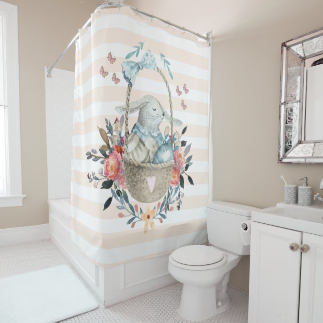 Cute Bunny in a basket with Eggs & Pretty Flowers Shower Curtain (In Situ)