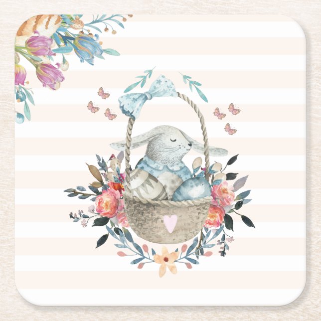 Cute Bunny in a basket with Eggs & Pretty Flowers Square Paper Coaster (Front)