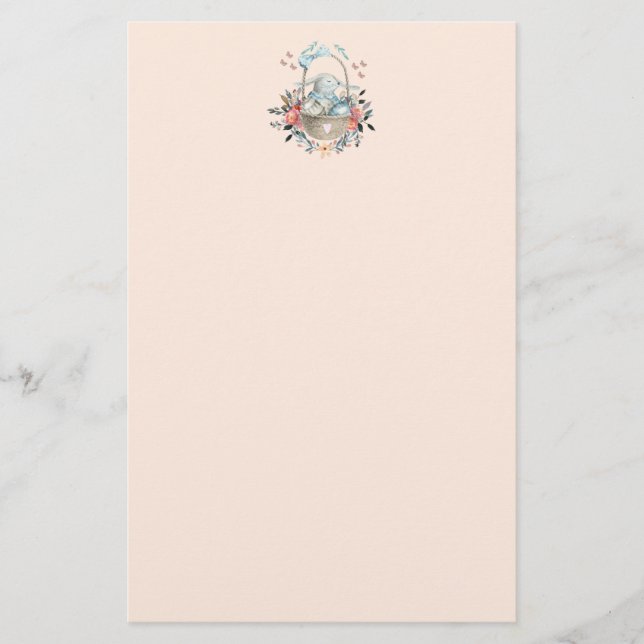 Cute Bunny in a basket with Eggs & Pretty Flowers Stationery (Front)